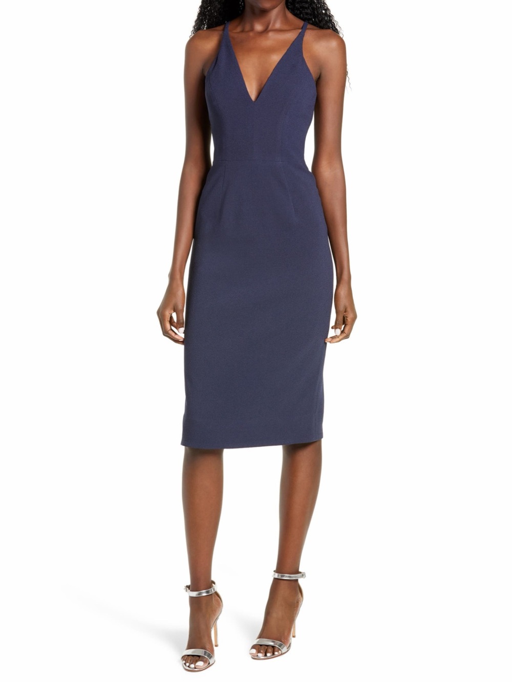 Dress the Population Lyla Crepe Cocktail Dress Navy V-Neck Midi